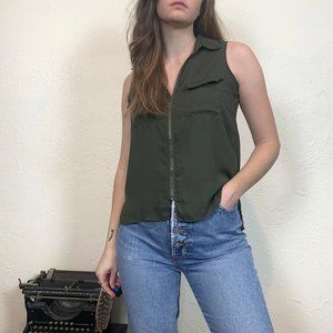 Charlotte Russe military green chiffon style blouse with a zip up front size S